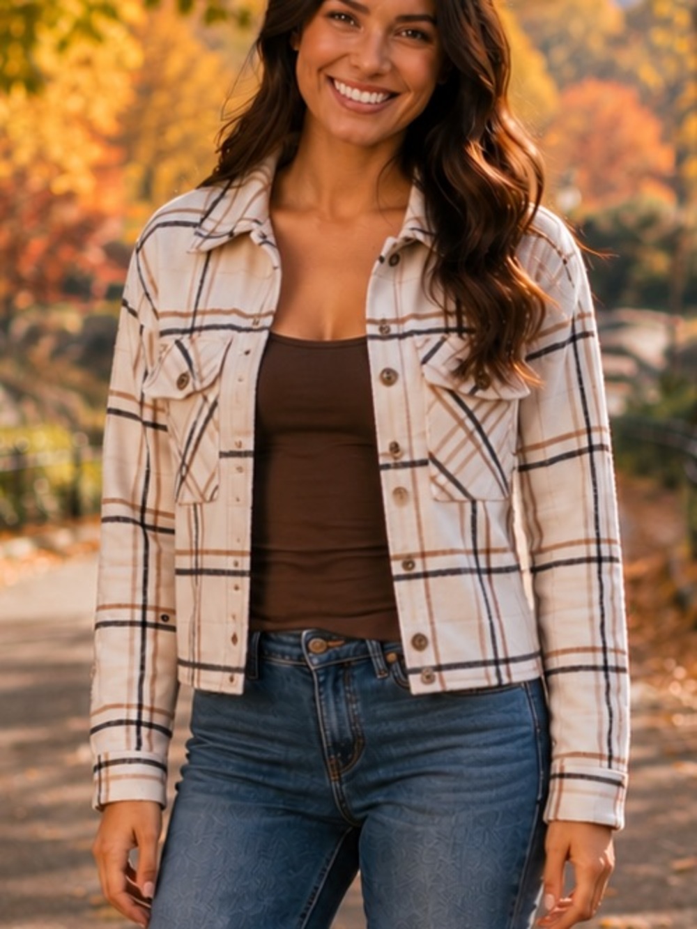 Altar'd State Cream Plaid Teddy Jacket with Brown Accents